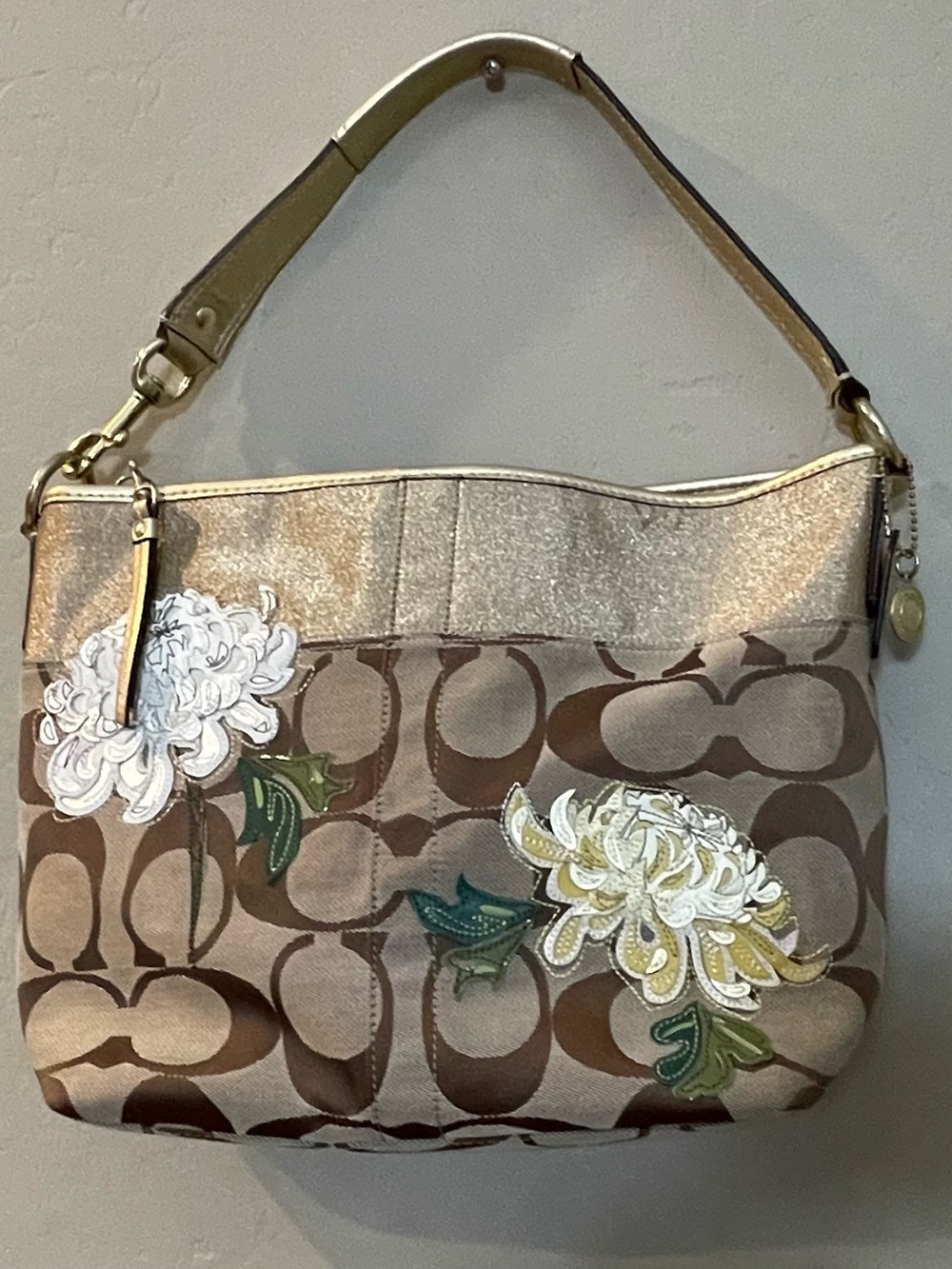 Coach limited edition signature Floral Applique Shoulder gold Bag y2k hobo brown